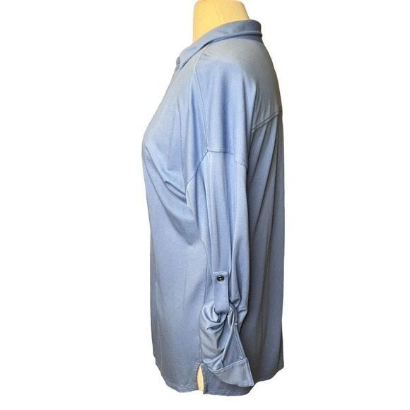J Jill Button Front Blouse Roll Tab Sleeves Small Blue Collared Long Stretchy - Picture 3 of 9
